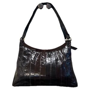 Vtg Sunco Brown Eel Skin Leather Shoulder Handbag Purse Retro Brass Accent 1990s